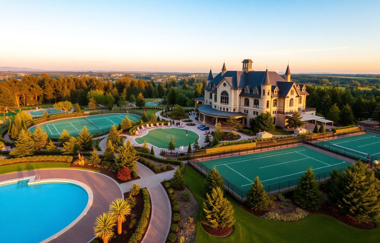 Aerial view of clubhouse and amenities
